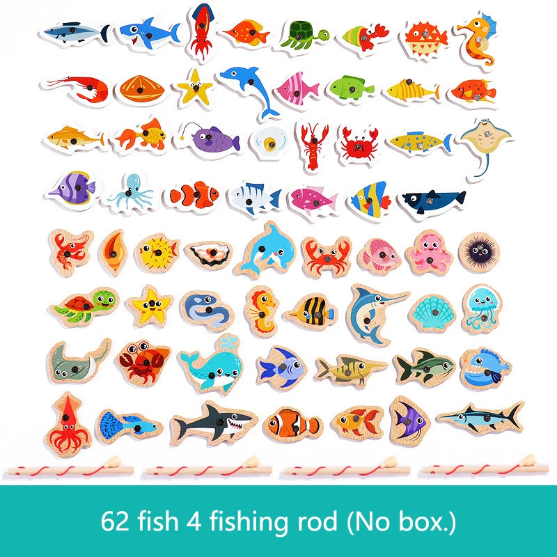 Montessori Wooden Magnetic Fishing Toy Marine Life Cognition Fish