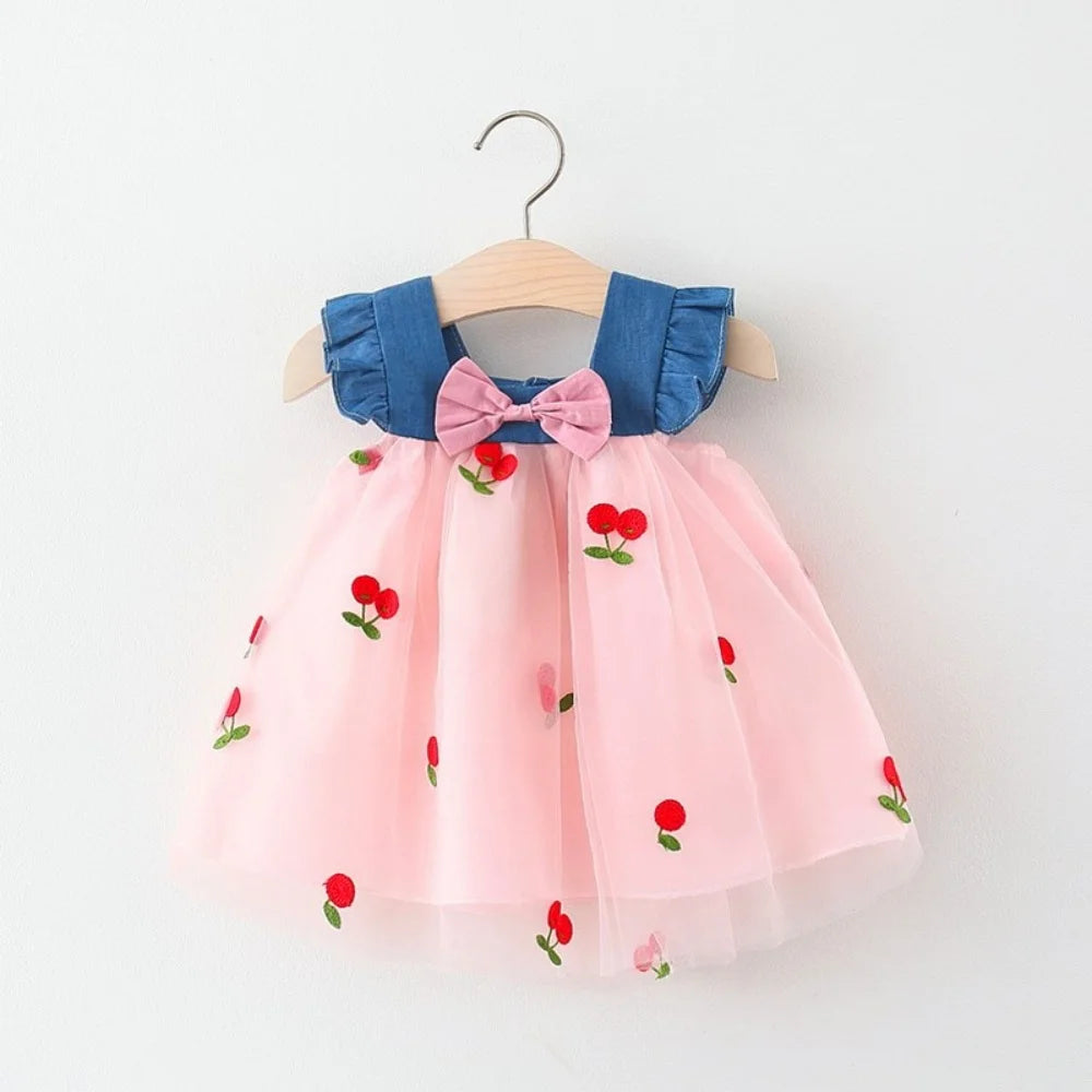 Baby Girl Dress Summer Cherry Mesh Girl's Dress Cute Beach Baby Dress