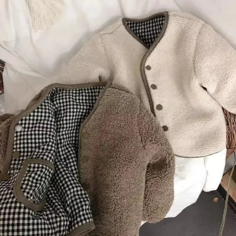 Autumn and Winter Warm Jacket Children Two Sides Wear Plaid Plush