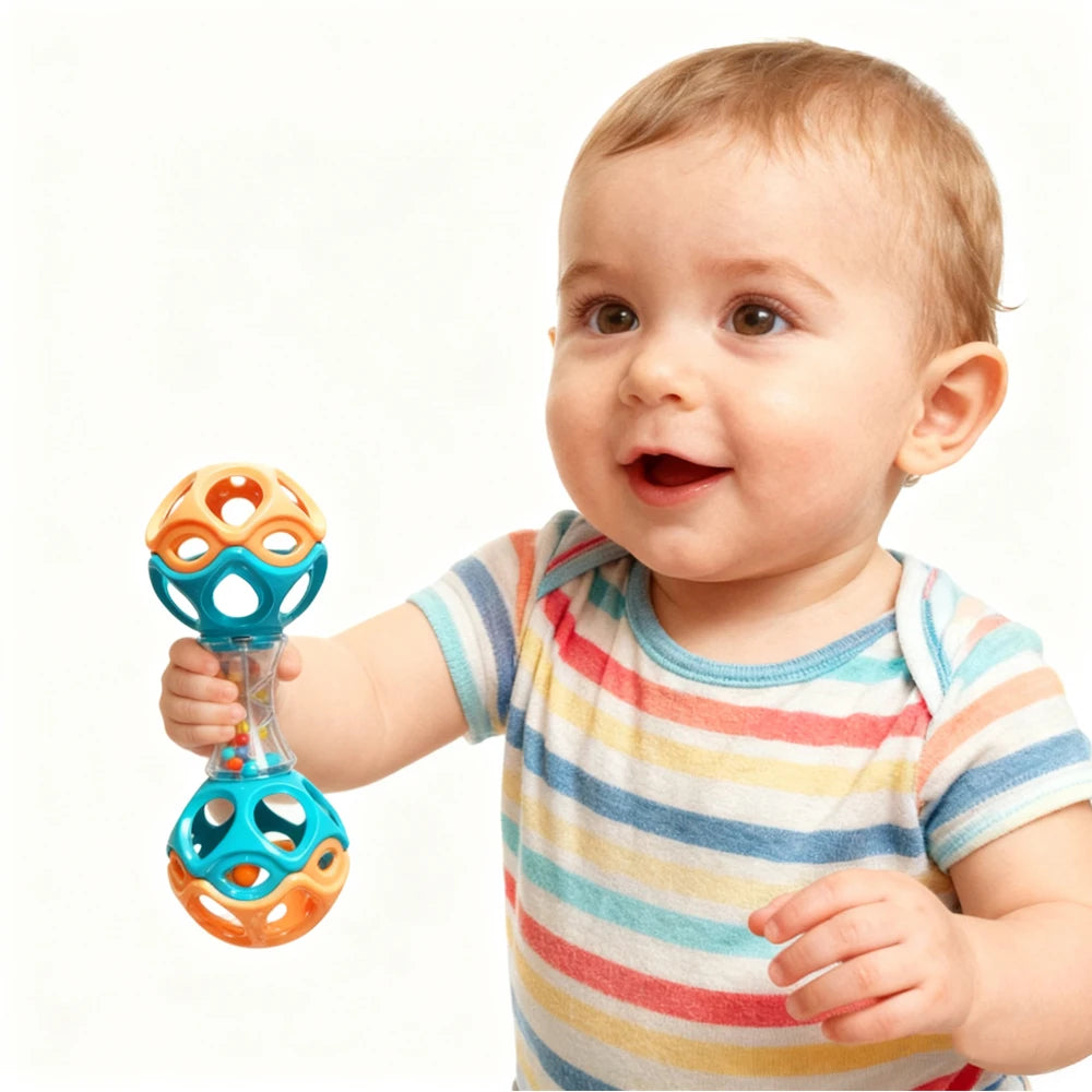 Baby Teething & Grasping Toy Soft Rubber Rattle Ball for Sensory
