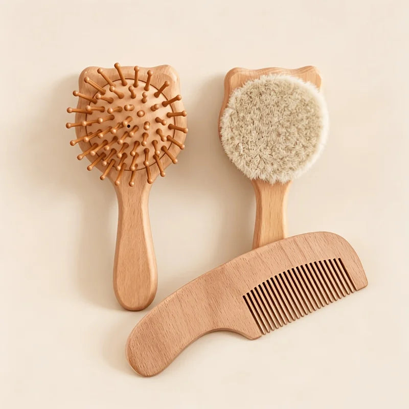 4/ Baby Care Set - Newborn Scalp Cleaning Soft Brush Beechwood Bath