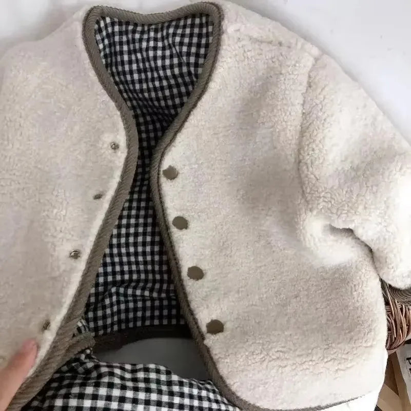 Autumn and Winter Warm Jacket Children Two Sides Wear Plaid Plush