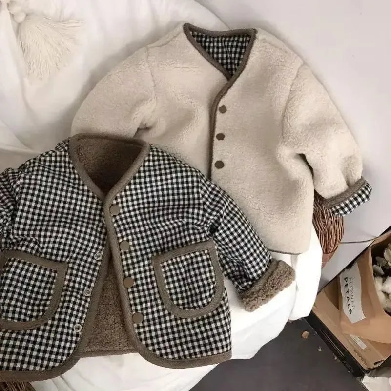 Autumn and Winter Warm Jacket Children Two Sides Wear Plaid Plush
