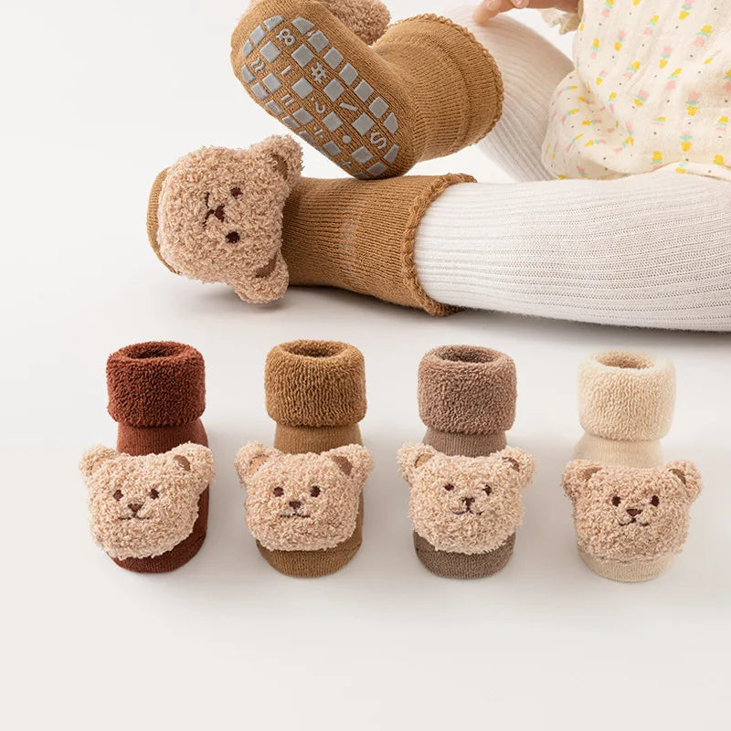 Cute Cartoon Bear Baby Socks Girls Winter Soft Cotton Anti Slip Solid