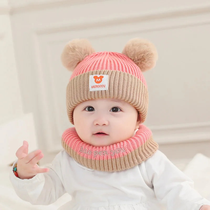 Baby Hat Scarf Set Bear Warm Knitted Children Winter Hat Cap Bonnet