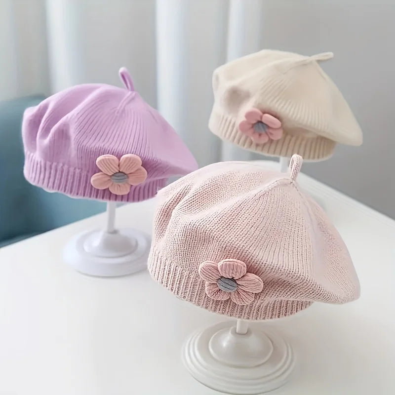 Flower Baby Beret Hat Winter Warm Knitted Beanie Cap for Infant Girls