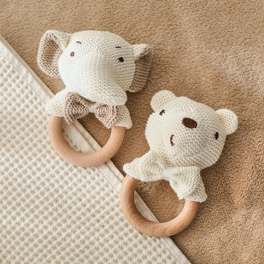 Baby Rattle Toy Bear Crochet Animal Toy Cartoon Wooden Teether Baby