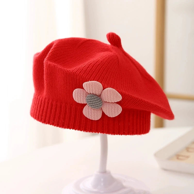 Flower Baby Beret Hat Winter Warm Knitted Beanie Cap for Infant Girls