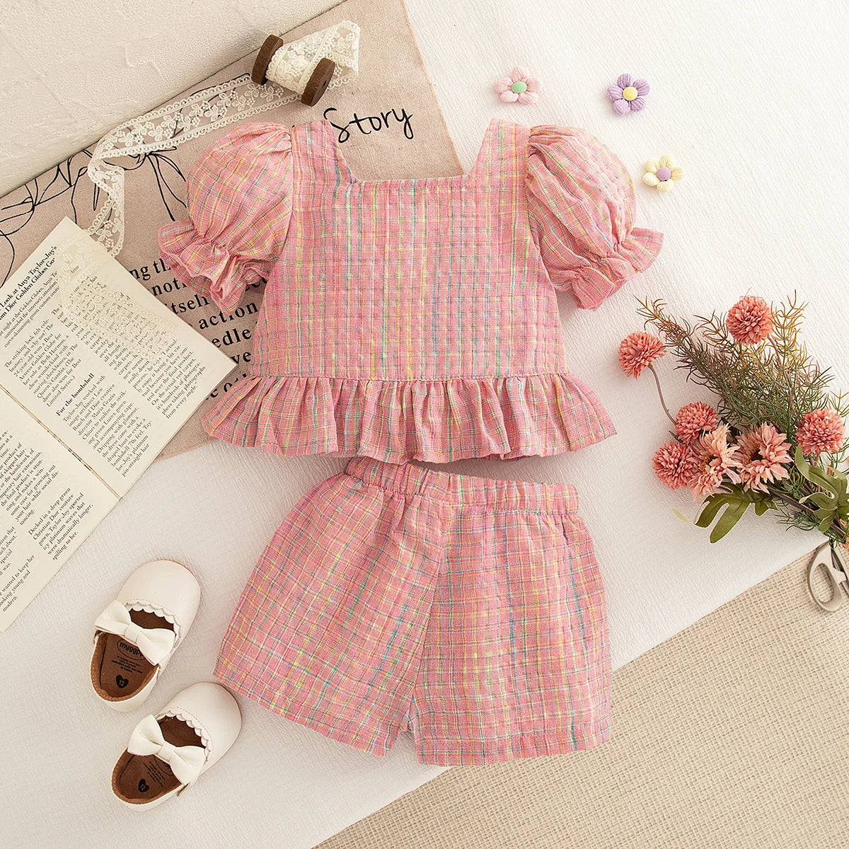 Girls Casual Clothes Outing Summer Baby Girl Colorful Plaid Cotton Set