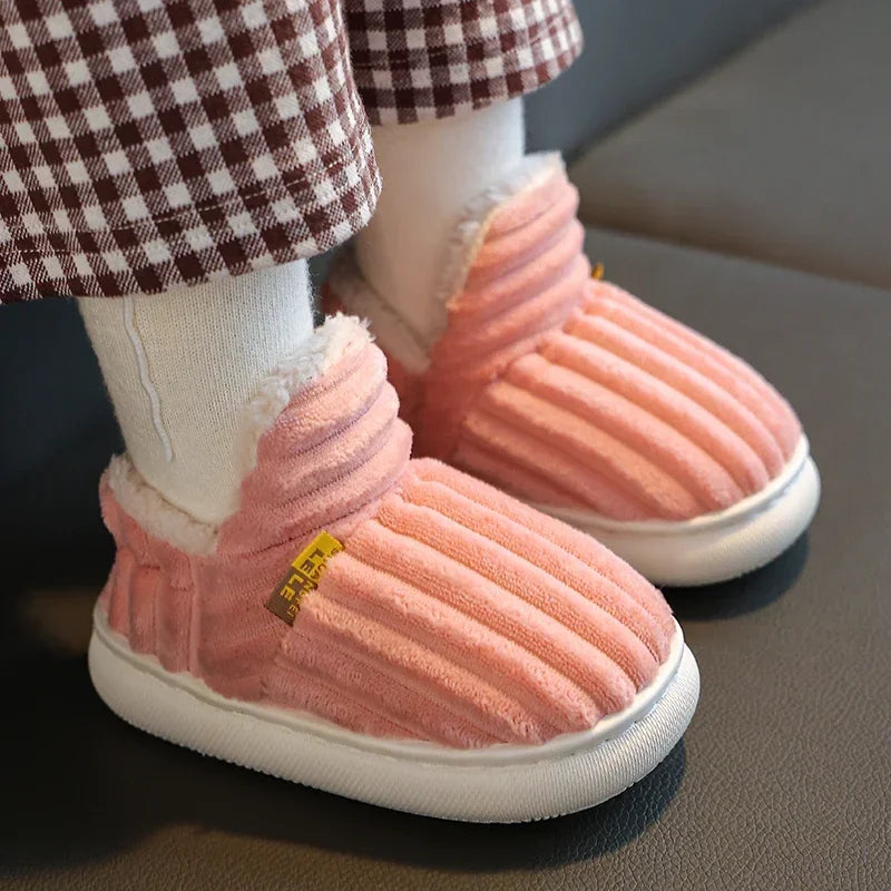 Winter Simplicity Stripe Plush Slippers Children's Non-slip Soft Sole