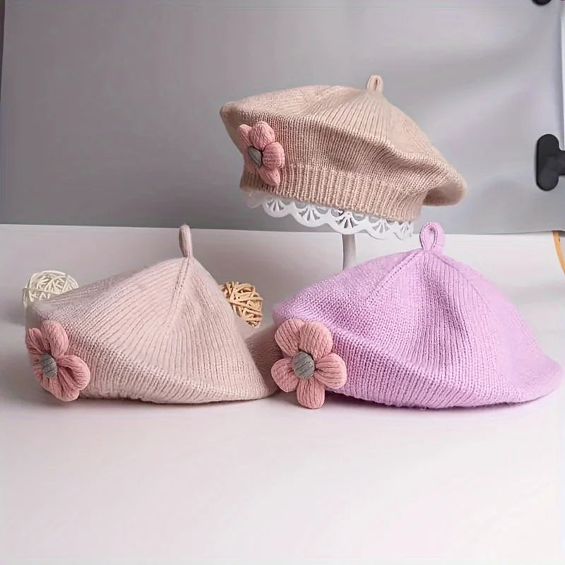 Flower Baby Beret Hat Winter Warm Knitted Beanie Cap for Infant Girls