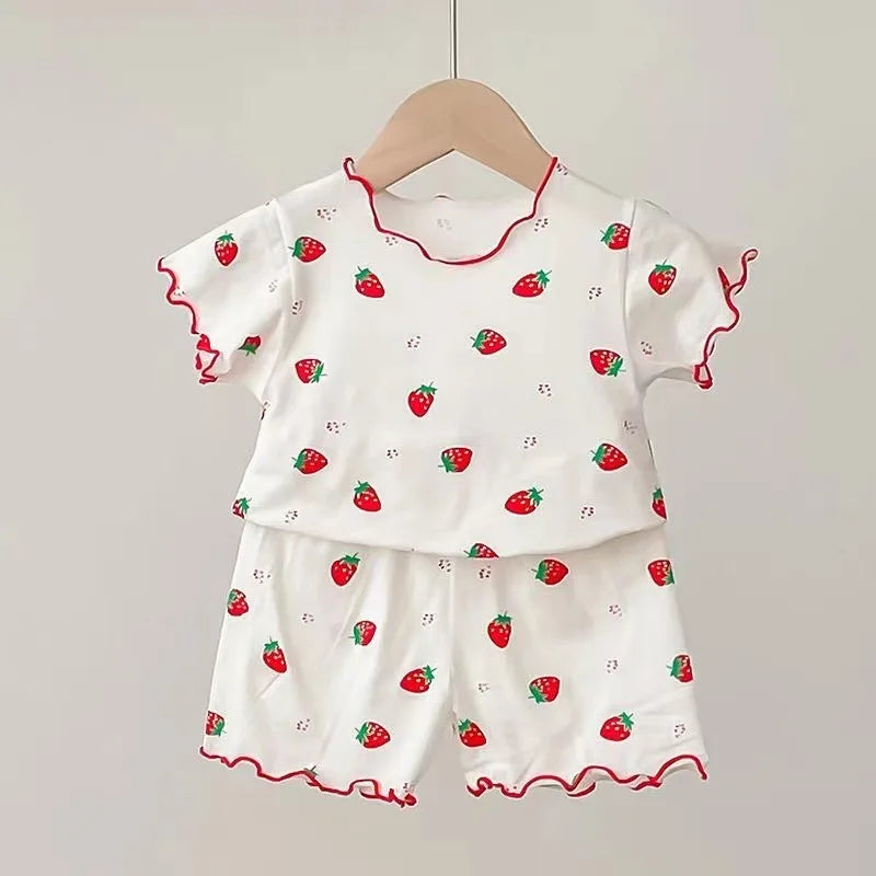 Baby Girl Strawberry Pajamas Set Summer Short Sleeve Thin Two Piece