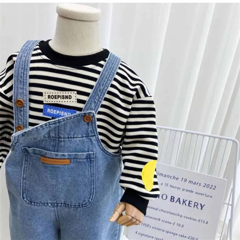 Boys Backpack Pants Children's Solid Color Denim Jumpsuit Spring Autumn