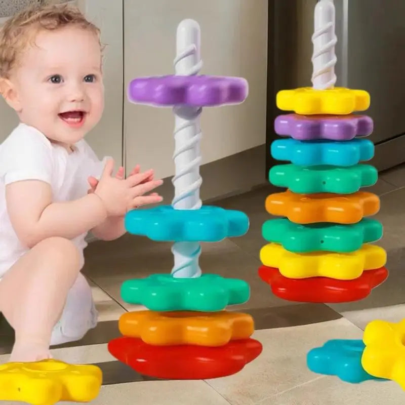 Baby Montessori Rotating Rainbow Tower Spinning & Stacking Puzzle Toy